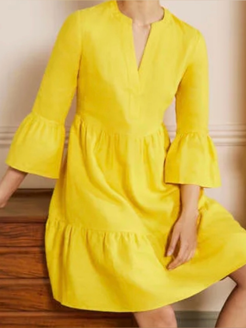 Biden Relaxed Linen Tiered Dress 10P Lemon Fizz Yellow